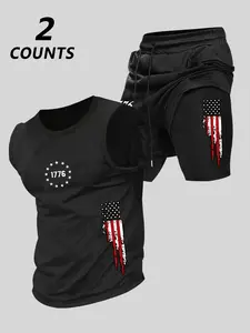 Men's Printed Round Neck Sleeveless T-Shirt + American Style Casual Gym Shorts, Trendy Flag Pattern, Summer Fitness Wear