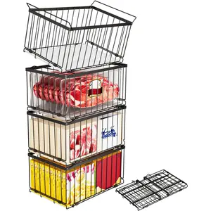 Large Freezer Organizer Bins, One-Open/Close, for 5-9 Cu.Ft Deep Freezer, 4 Pack Stackable Deep Freezer Organizer Bins, Black Wire Foldable Baskets (Black 4 Pack)