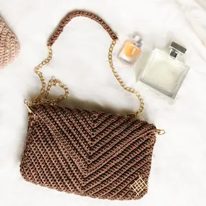 Chocolate Brown Envelope Crochet Purse - Handheld Bag with Detachable Gold Chain