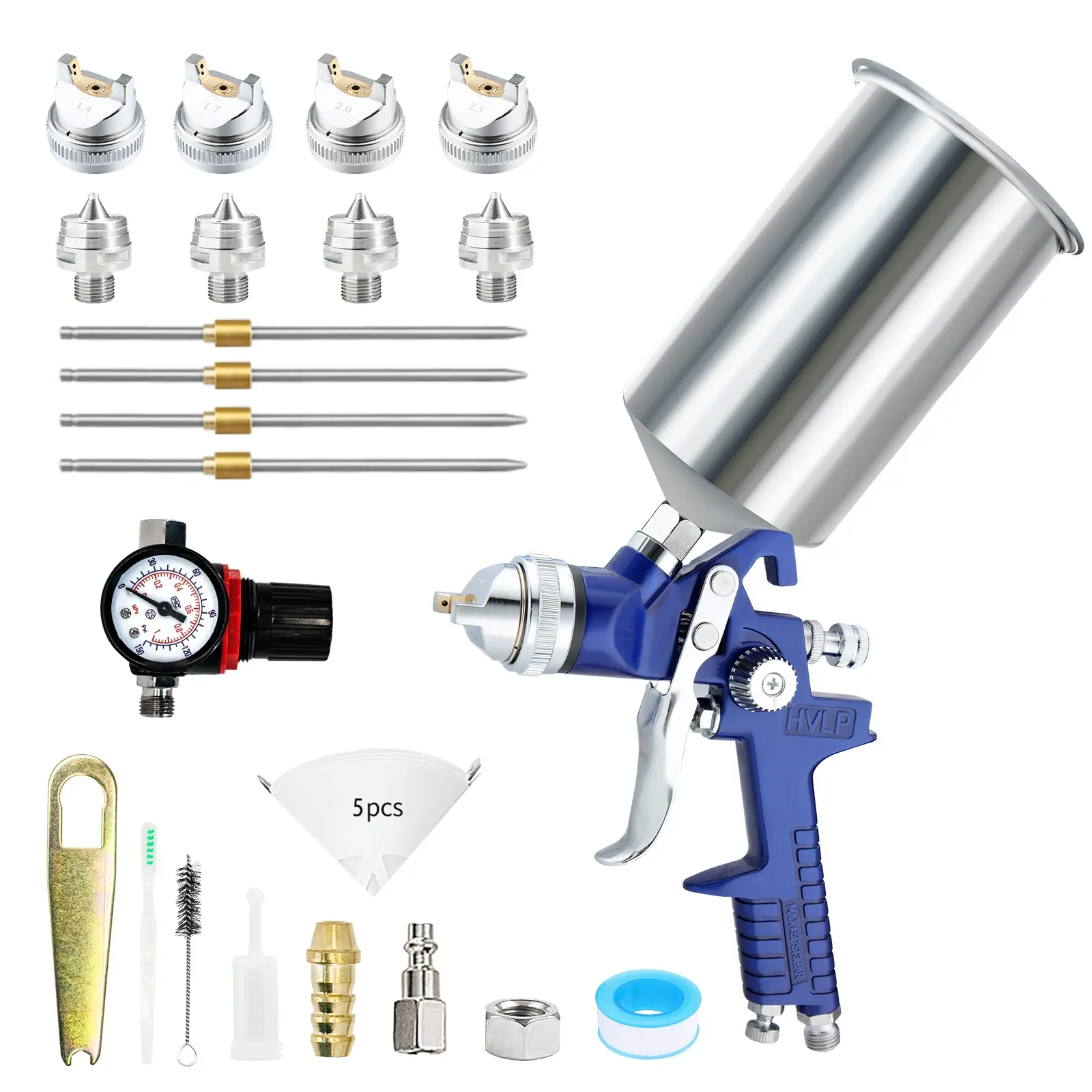 827 Model Professional HVLP Automotive Spray Gun, Auto Repair Tools with 1.4/1.7/2.0/2.5mm (millimeters) Nozzles, Aluminum Alloy Body, Adjustable Air Flow Fan, Low Pressure High Paint Utilization for Auto Refinishing, Water/Solvent Based Coatings