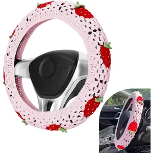 Hand Crochet Car Steering Wheel Cover, Cute Boho Strawberry Car Steering Wheel Cover Decor, 14-15 inch Warm & Non-slip Steer wheels Protection Wrap, Universal for Men Women (Pink)
