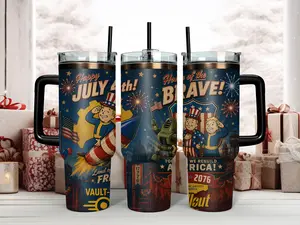 Fallout Vault Boy Happy July 4th Independence Day Tumbler - Retro Vault-Tec 'Home of the Brave' Tricentennial 2076 Art - 40oz Insulated Stainless Steel Travel Mug with Handle & Straw - Perfect Gamer Gift