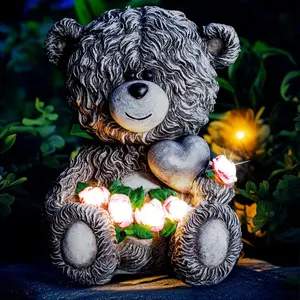 Solar Garden Outdoor Statues Bear with Heart and Pink Flower and 5 LED Lights-Lawn Decor Bear Statue for Patio, Balcony, Yard Ornament- Mother's Day and Housewarming Gifts for Mom, Women