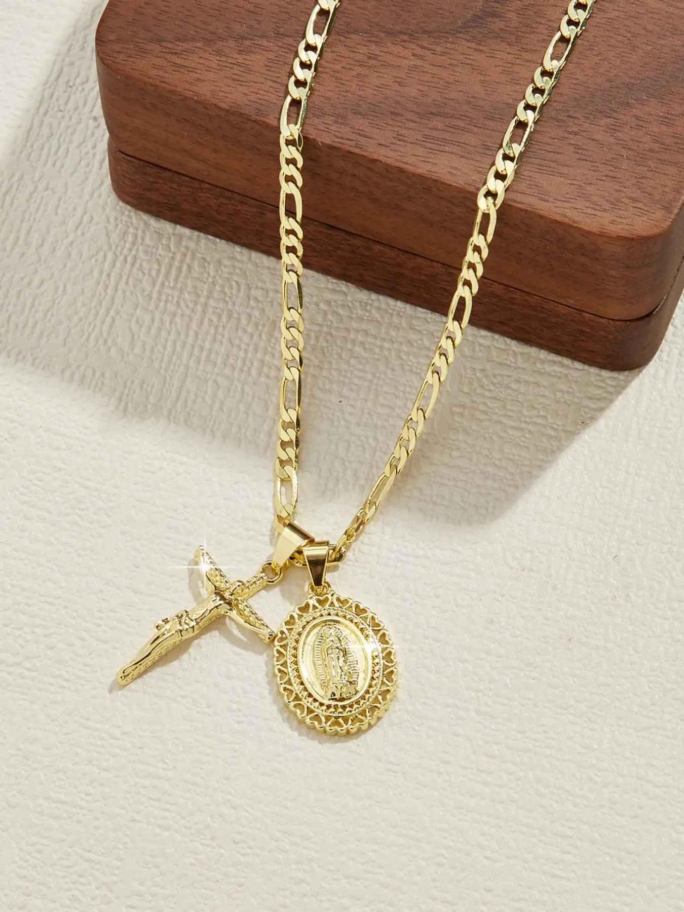 Fashion Classic Double Pendant Jesus Cross + Virgin Guadalupe Necklace, Cross Design Pendant, Gold Plated Christian Jewelry, 24 Inch Flat Chain, Party Prayer Gift, Religious Necklace, Pendant Necklaces