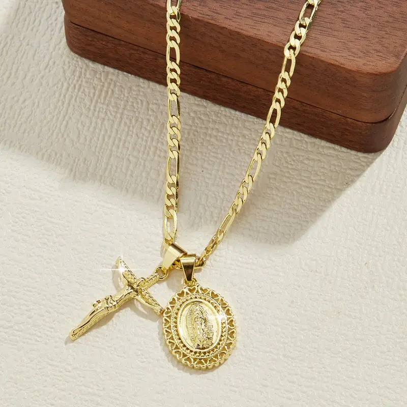 Fashion Classic Double Necklace, Jesus Crucifix & Our Lady of Guadalupe Charms, Gold Plated Christian Religious Jewelry, 24 Inch Flat Figaro Chain, Prayer Gift for Party, Religious Pendant Necklace
