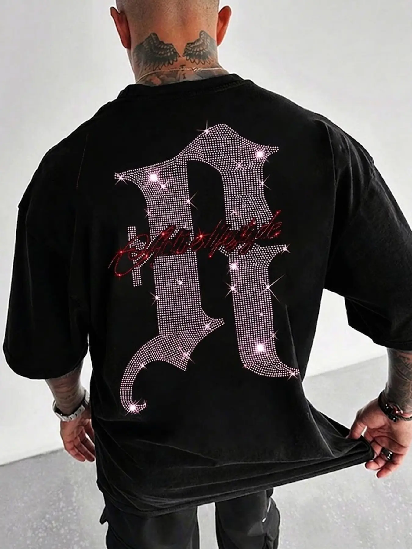Unisex Short Sleeve T-Shirt, Tops, Cf Rhinestone Letter Print Design, Fashionable Youthful Style, Casual Summer Wear, Streetwear