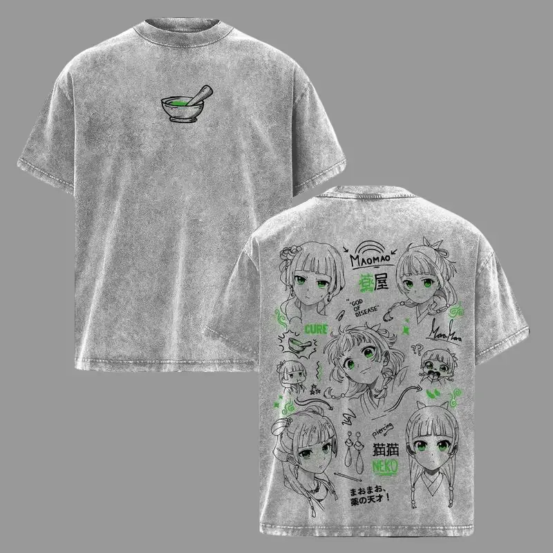 Maomao Apothecary Diaries Vintage Washed Oversized Tshirt - Cute Kawaii Manga Core Anime Graphic Tee, Soft Cotton Unisex Short-Sleeve Men's Streetwear Top, Gift for Anime Fans