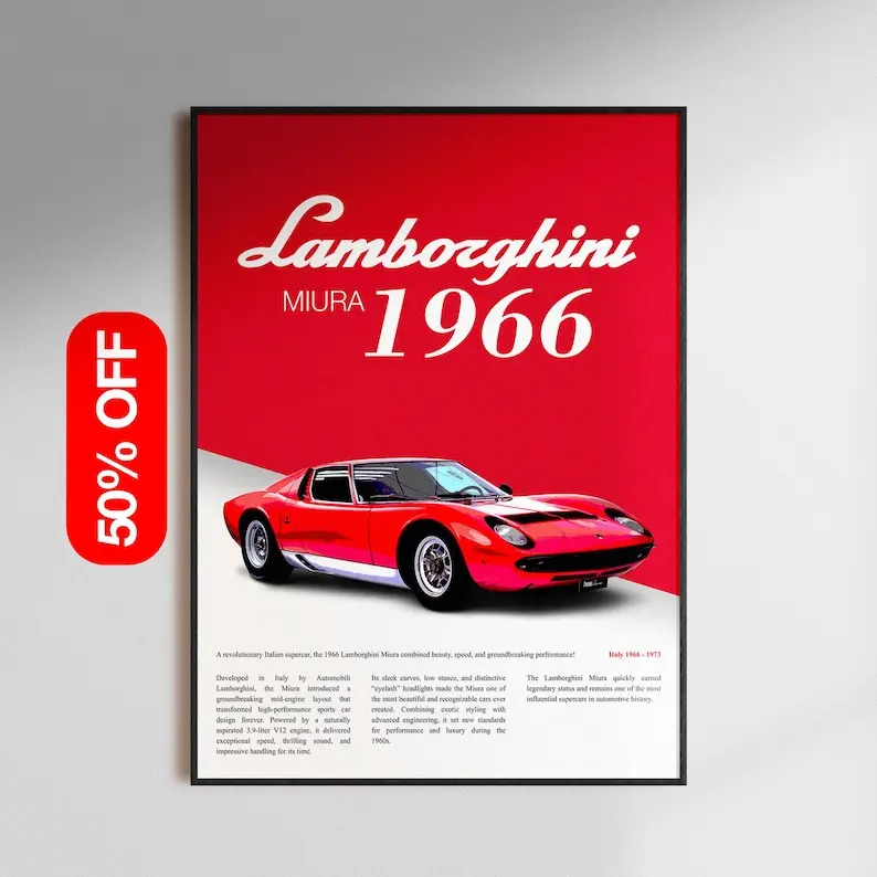 [Unframed Poster] Miura Lamborghini Sports Car Print, Retro Automotive Decor