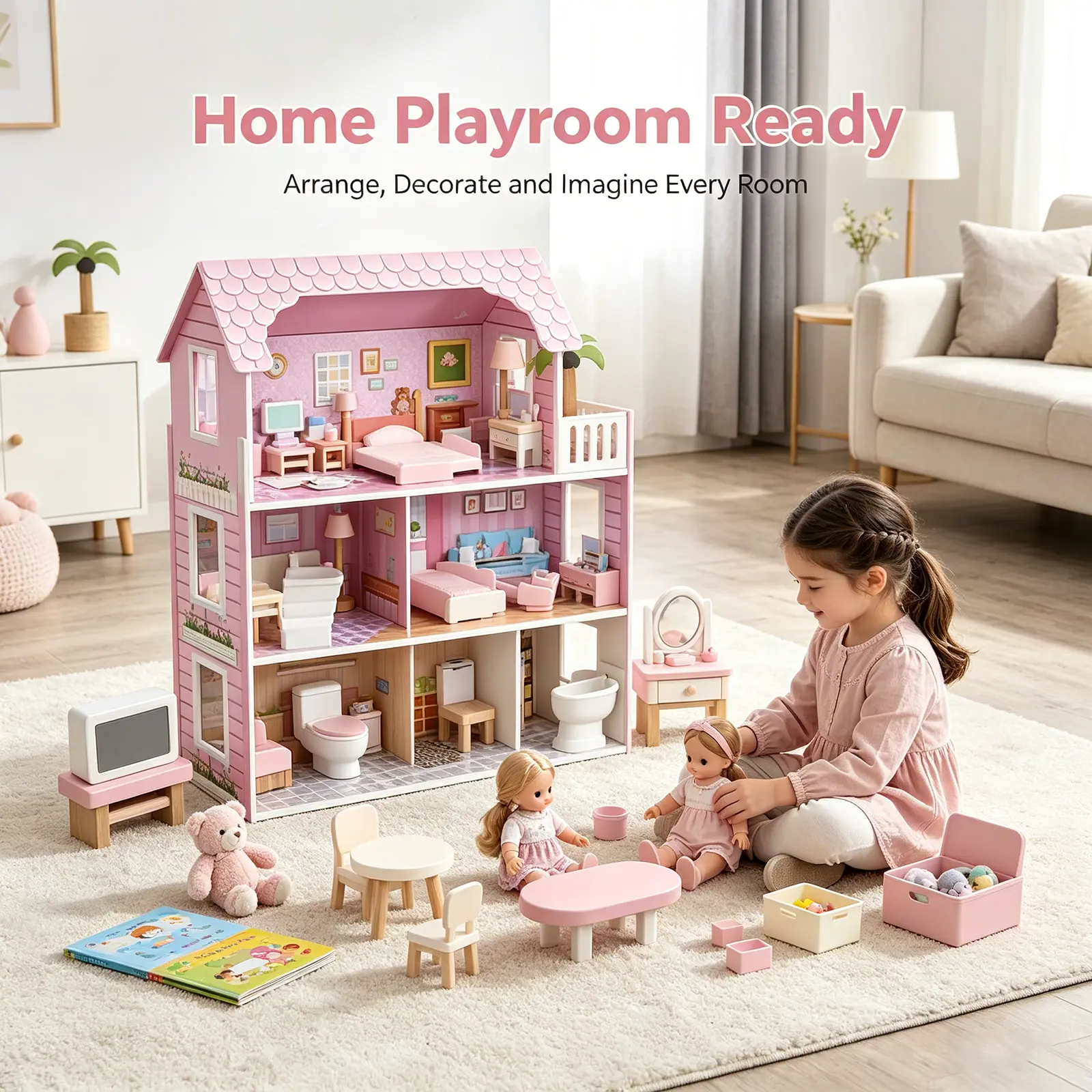 Pink Wooden Dollhouse Playset - 3-Story Assembly Kit with Furniture & Dolls, Miniature Indoor Toddler Playhouse Set, Gift for Kids Girls for Christmas Birthday Holidays, Miniature Houses, Indoor Playhouse