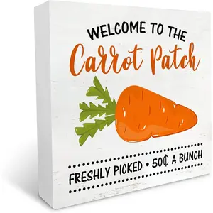 Easter Carrots Wooden Box Sign Desk Decor 5x5 Inch Farmhouse Welcome to The Carrot Patch Box Sign Wood Plaque Block Sign Rustic Home Decor