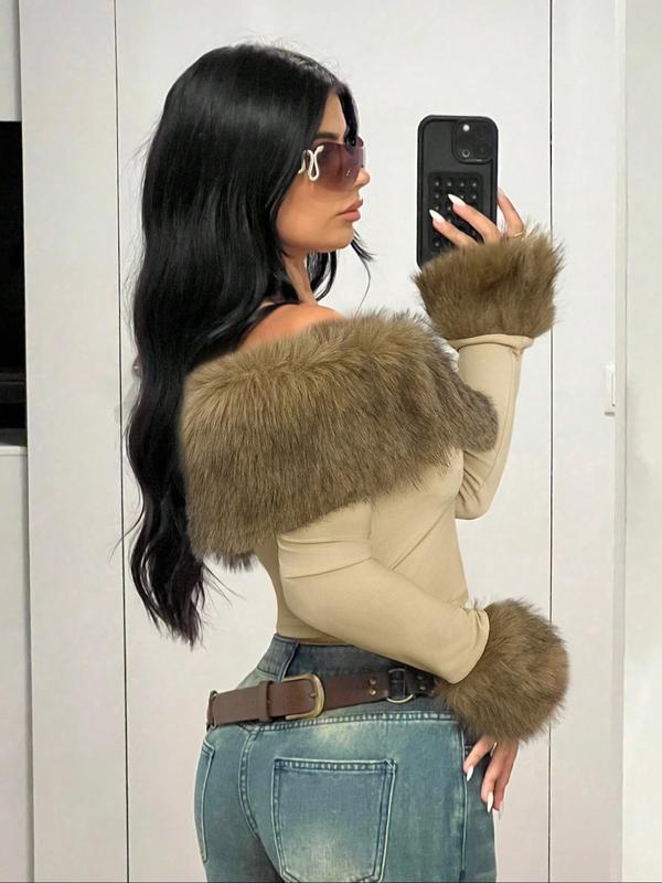 Fluffy Collar Spliced Shoulder Long Sleeve T-Shirt, Fashionable and Elegant, Perfect for Autumn Winter Seasons, Women's Casual Top