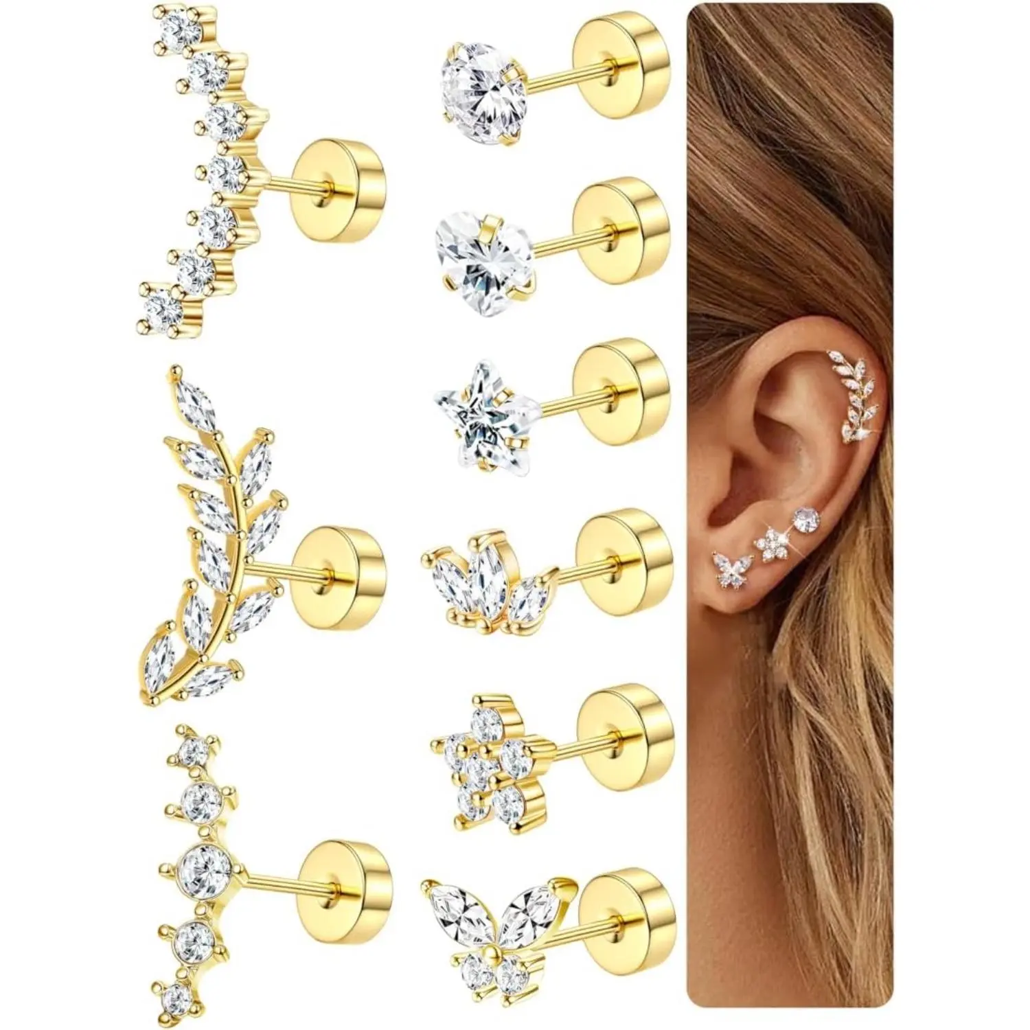 YADOCA 9Pcs 16g(1.2mm) Surgical Steel Hypoallergenic Stackable Flat Back Earrings Set for Women Threaded Stays Put, Earring Stack, Jewelry Stack, Helix Tragus Cartilage Conch Daith Studs, Gold & Silver, Daily Wear