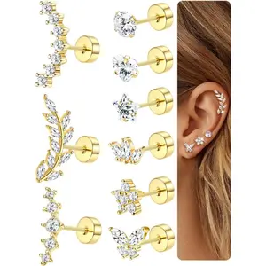 YADOCA 9Pcs Helix Piercing Jewellery Surgical Steel Helix Tragus Cartilage Earrings Hypoallergenic Earring Set Flat Back Earrings Studs Gold Silver Ear Conch Daith Tragus Piercing Jewellery for Women