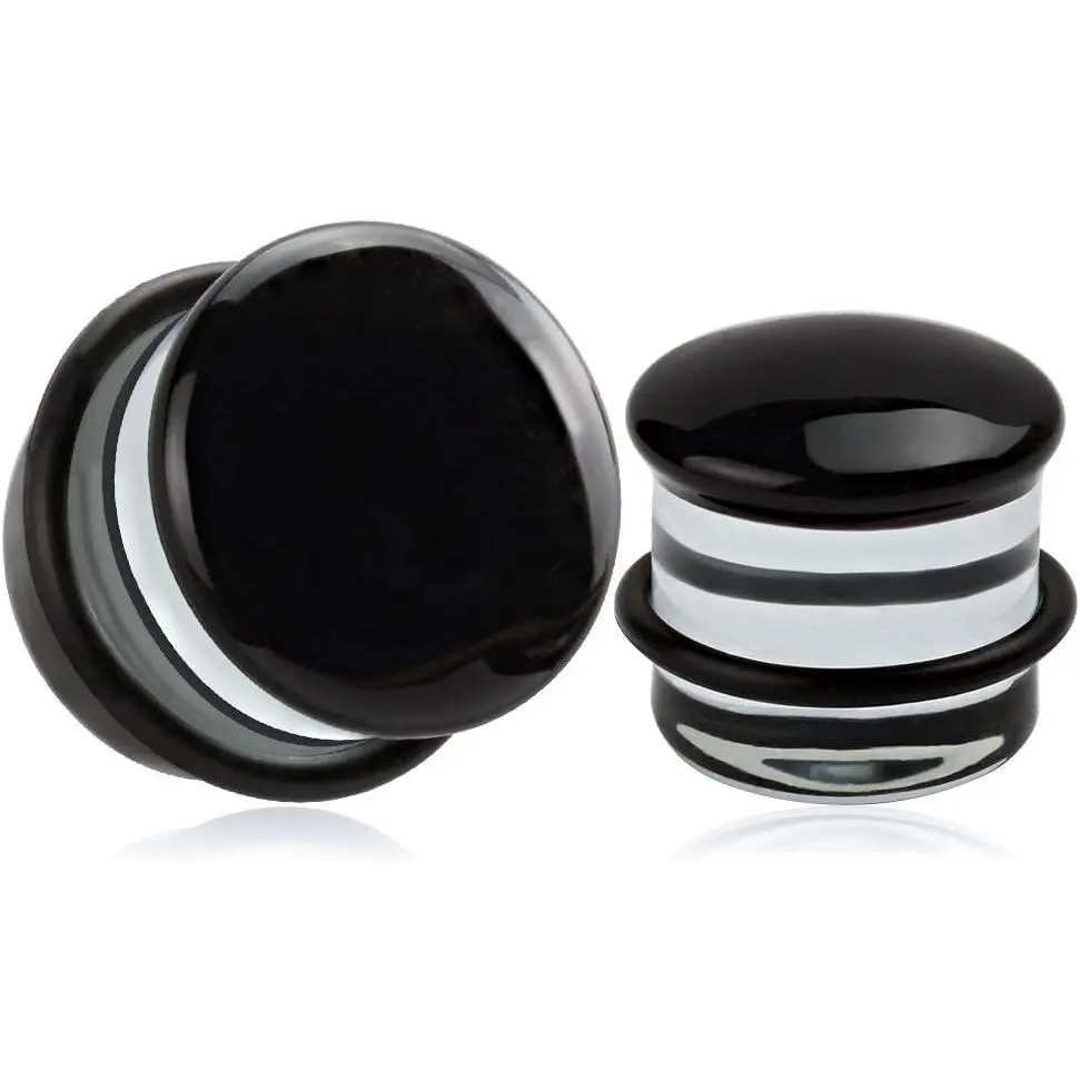(1 Pair Black-Surface Glass O-Ring Ear Plugs Tunnels Gauges Stretcher Piercings 8g