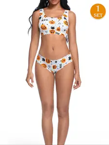 Halloween Print Women's Bra Set, Pumpkin Skull Spider Web Design, Breathable Quick-Dry Ice Silk Seamless Underwear for Yoga & Sports