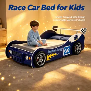 Twin Size Kids Car Design Floor Bed with LED Lights and Full-Length Guardrails, Indoor Furniture Bed Frame for Children