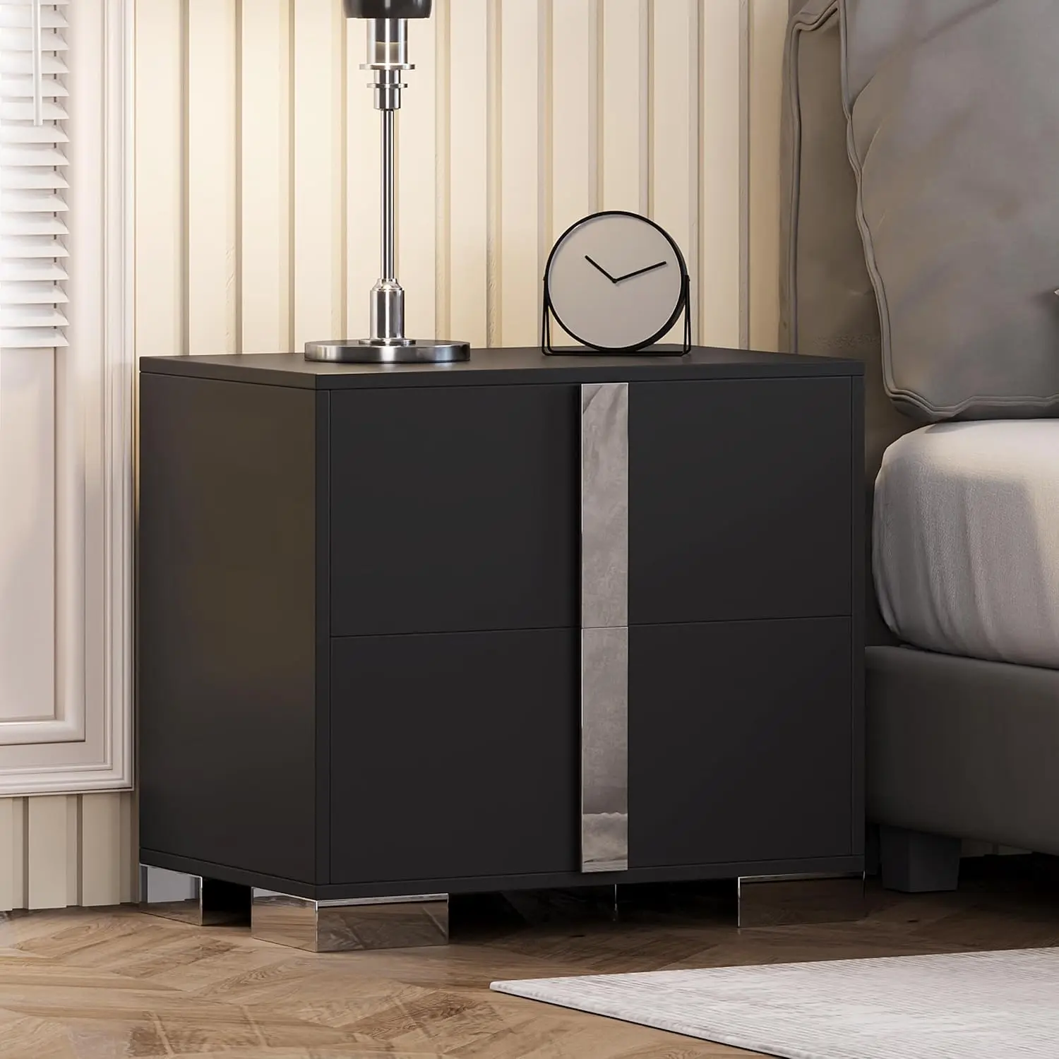 Black Modern 2-Drawer Engineered Wood Nightstand - Rectangular Indoor Furniture with Silver Mirror Handle, Sturdy Frame, for Bedroom, Living Room Sofa Side Table