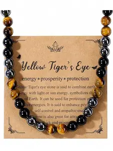 1pc Men Healing Crystal Black Obsidian Tigers Eye Hematite Beaded Necklace Natural Stone Beads Necklace Triple Protection Jewelry Gifts For Men Stress Relief,Balance