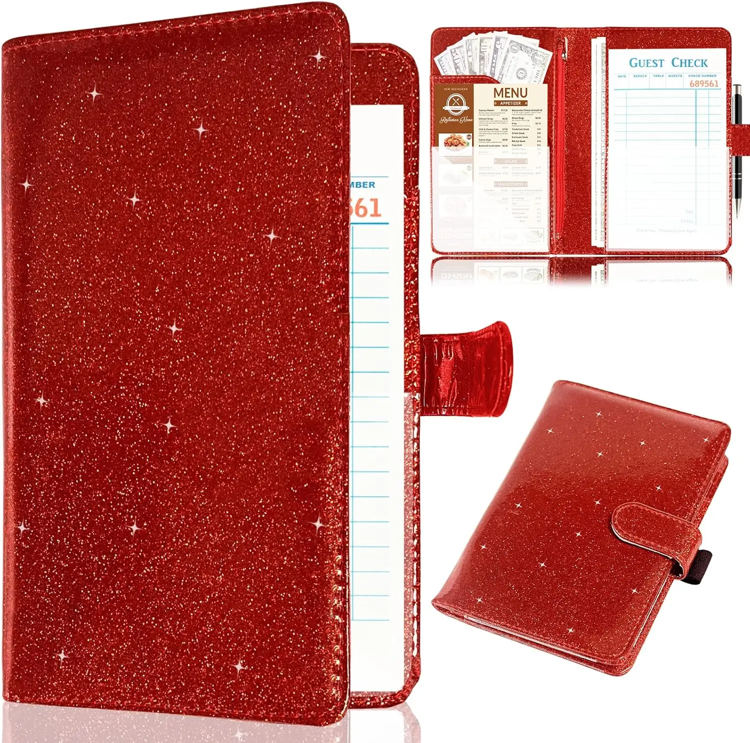 Server Book for Waitress,Leather Waiter Book Organizer with Zipper Pocket, Bling Waitress Money Wallet and Pen Holder, Restaurant Waitstaff Organizer