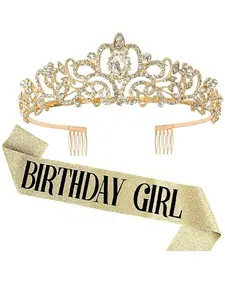 Bling Rhinestone Crystal Crown Tiara Birthday Sash And Crown For Women Birthday Party Decoration Kit Glitter Crystal Hair Accessories - BlueStar