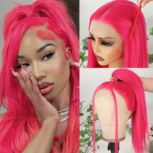 13X4 Free Part Hot Pink Lace Front Wigs Wear And G-o Glueless Wig Pre Plucked Hairline Soft Long Straight Hair Wig Magenta Pink Wigs Heat Resistant Synthetic Lace Front Wigs For Women For Daily Christmas Party Cosplay Use
