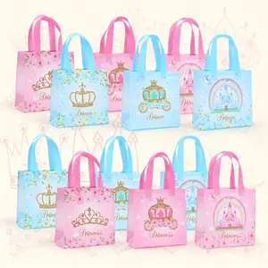 Princess & Prince Party Gift Bags Set, Party Favors Assortment, Blue Castle Crown Rainbow Pattern Non-Woven Fabric, Birthday Celebration Decorations