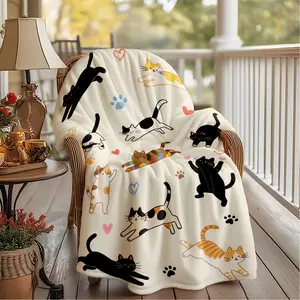 1Pc Cute Cat Plush Blanket With Tabby & Tuxedo Cats, Paw Prints & Kitten Patterns - Soft Flannel Shawl Throw For Bed, Sofa, Travel - Lightweight All-Season Cozy Gift For &, Durable Multifunctional Cat Bedspread Access