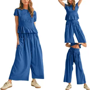 Women's 2-Piece Smocked Top & Wide-Leg Pants Set–High-Waisted Lounge  Outfit with Pockets Casual Boho Matching Set Minimalist Basic Crewneck Clothes Suits Fitted