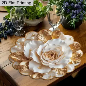 2D flat printing, 2-piece/4-piece/6-piece/8-piece set of elegant milky white gold floral pattern circular placemats, spring Valentine's Day party placemats, coasters, coffee mats, suitable for kitchen and dining utensils accessories