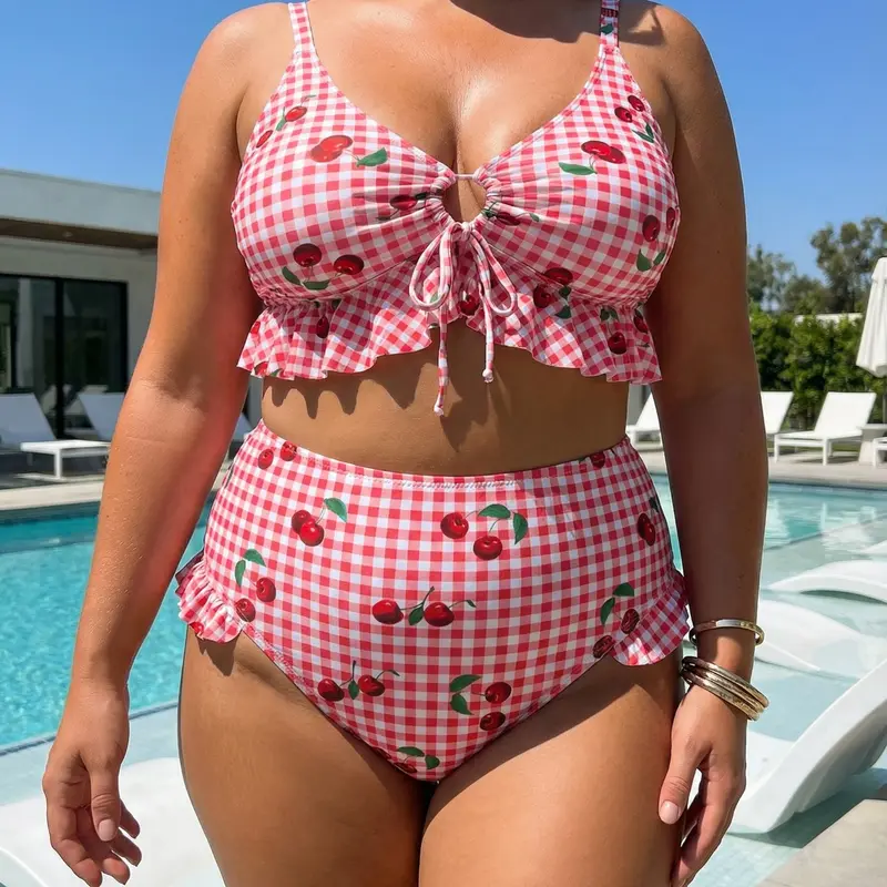 Women's High-Waisted Bikini Set, & Cherry Print, Printed Bikini, Plus Size Two-Piece Swimsuit, Sexy Beachwear, Vintage Style