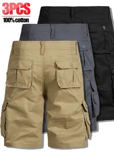 Men’s 3-Pack Multi-Pocket Cargo Shorts, 100% Pure Cotton, Wrinkle-Resistant & Durable, Suitable for Running, Travel, Hiking, and Everyday Commuting; Versatile, Breathable, Comfortable, Ideal for Outdoor Sports