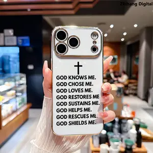 Christianity Cross GOD Bible Verses Soft Case for iPhone 17 Pro Max Air 16 Plus 15 14 13 12 11 Elegance Luxury Golden Edge Electroplating TPU Phone Protection Cover Premium Slim Shockproof Lightweight Protective Cover Suitable for everyday protection.
