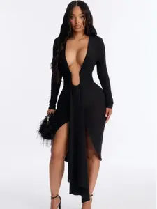 Deep V Neck Cutout Long Sleeve Bodycon Dress, High Slit Irregular Hem Maxi Dress for Party Evening
