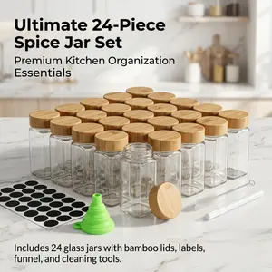 24-Piece Glass Spice Jar Set with Bamboo Lids, Complete Kitchen Organizer Kit with Labels, Funnel & Cleaning Tools, Premium Seasoning Storage Containers for Herbs, Spices & Pantry