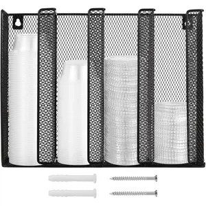 Wall Mount Portion Sauce Cup Lid Organizer, Black Metal Mesh Sauce Cup Dispenser, 4 Compartment for Stacking Plastic Disposable Cup and Lid Storage For Kitchen Restaurant Coffee Bar,Easy Installatio