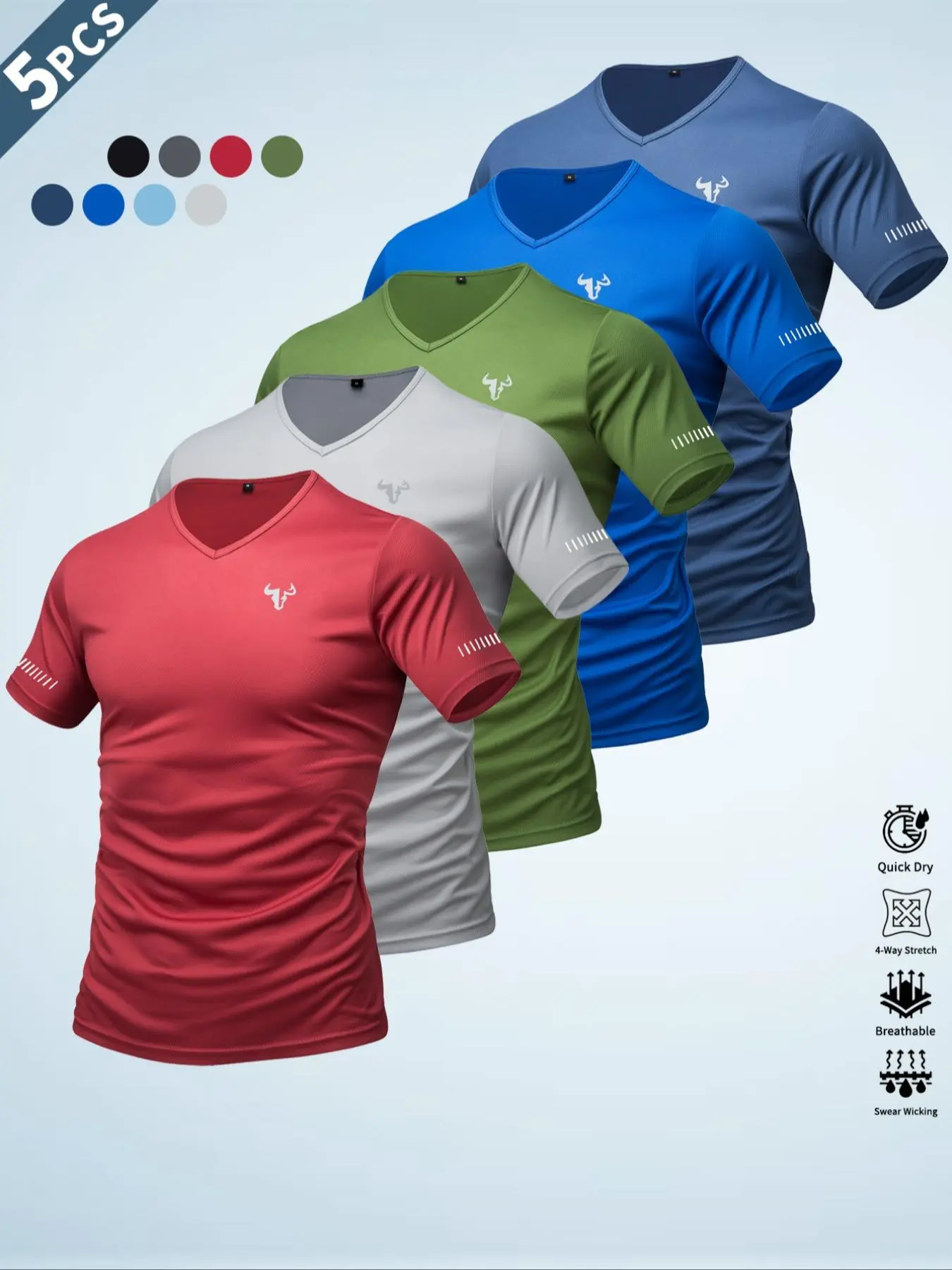 3/5-piece set Men's Reflective Stripe V Neck Sports Tee, Breathable Quick Drying T-shirt for Gym Workout Running Cycling Fishing, Athletic Sports Clothing, Casual Sporty Top