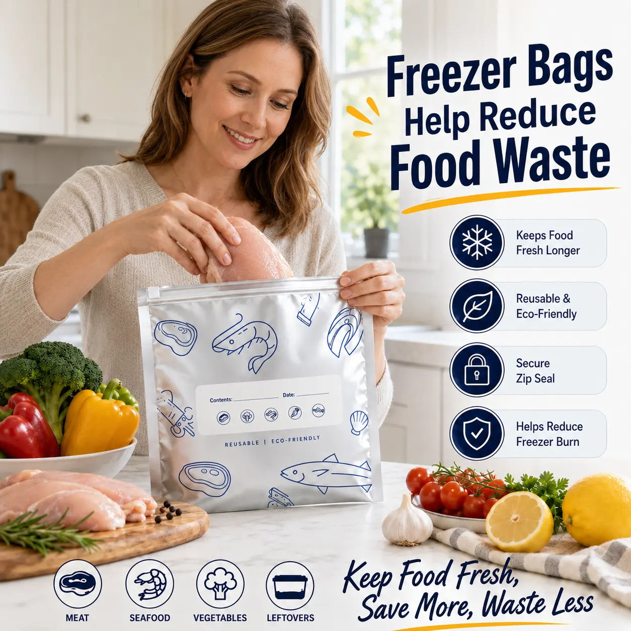 90PCS 3 Size【Refrigerated Food】Reusable Aluminum Foil Sealable Storage Bags, 2026 New Resealable Vacuum Zipper Pouches for Food, Stand Up Foil Sealable Bags with Label and Zip Lock for Vegetable Fruit Meat
