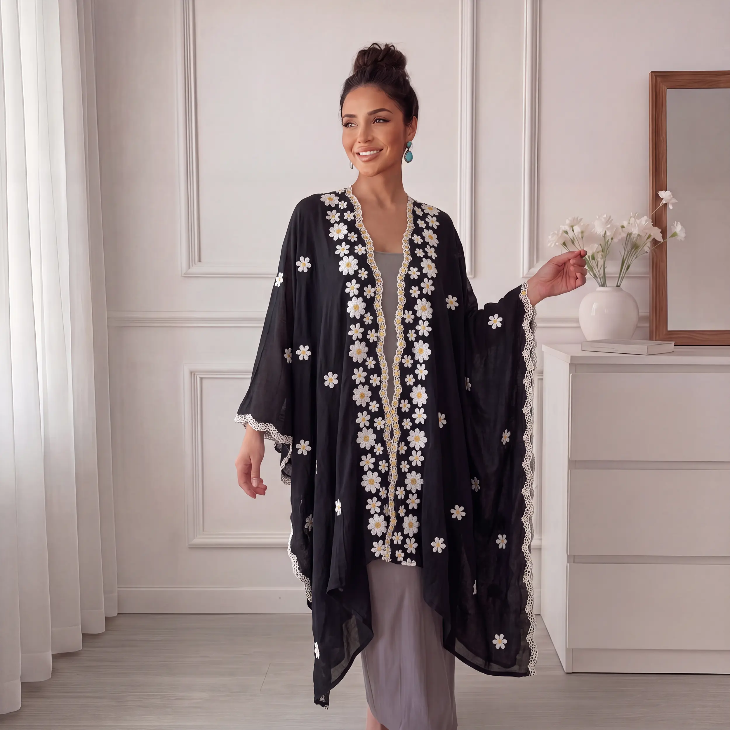 Women's Daisy Floral Embroidered Kimono Abaya, Scalloped Lace Trim Loose Batwing Open‑Front Cardigan, Lightweight Modest Muslim Cover‑Up for Ramadan & Beach Vacation