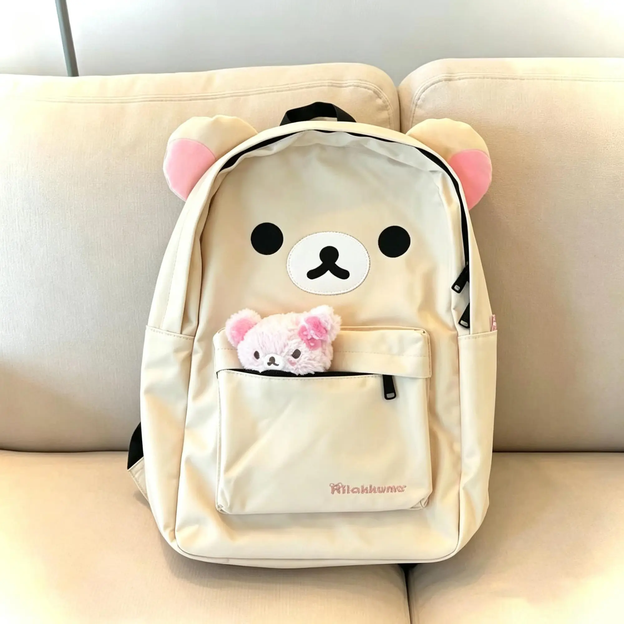 Rilakkuma Backpack - Cute Bear 3D Plush Pink Ears, Waterproof Nylon, Large Capacity, Cartoon Lining, Mini Pink Bear Doll Pendant, Kawaii Anime School & Daily Travel Bag for Girls