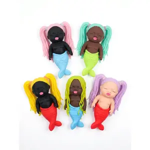 5 random colors Mermaid Baby Squishy Stress Relief Toy, Soft Stretchy Hair Squeeze Fidget Toy, Cute Mermaid Doll Sensory Toy for Kids Adults, Anxiety Relief, Party Favor