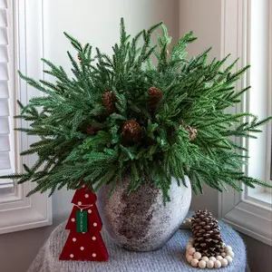 12 Christmas Norfolk Spruce Branches, 5 Small Pine Cones Stems, 15 Inch Artificial DIY Needles, Indoor Outdoor Home Decor