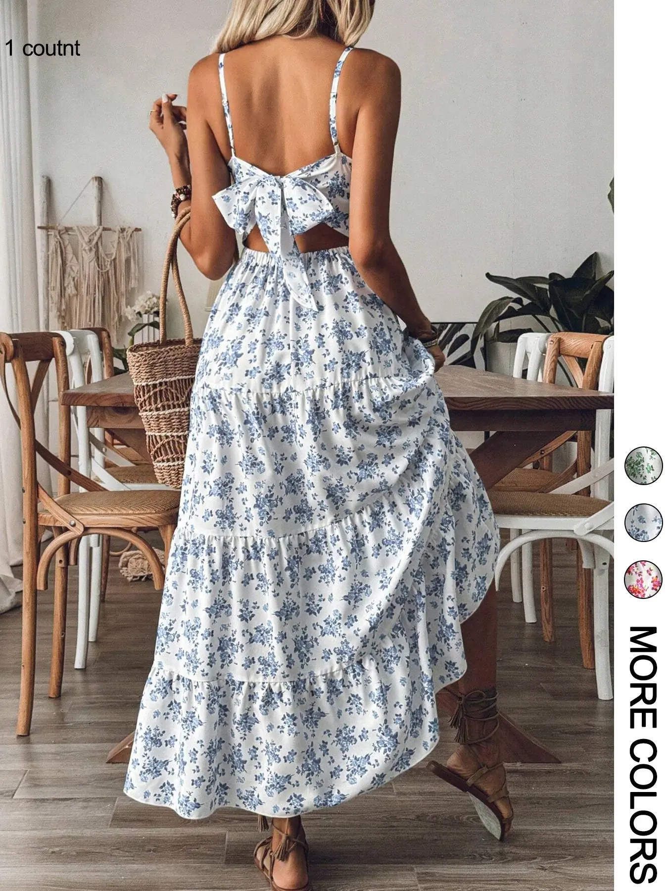 1 Pc Women's Floral Tiered Maxi Dress, Spaghetti Straps and Back Cutout Bow Detail, Flowy Tiered Dress with Ruffle Hem, Lightweight Fabric, Multiple Floral Prints - TikTok Shop 1 Pc Women's Floral Tiered Maxi Dress, Spaghetti Straps and Back Cutout Bow Detail, Flowy Tiered Dress with Ruffle Hem, Lightweight Fabric, Multiple Floral Prints - TikTok Shop