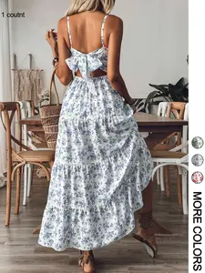 1pc Women's Floral Tiered Maxi Dress, Spaghetti Straps & Back Cutout Bow Detail & Flowy Tiered Skirt & Lightweight Material & Multiple Floral Patterns & Frill Ruffle Hem, Floral Print Dress