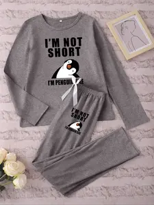 Women's Long Sleeve Pajama Set with Cartoon Penguin Print, Fitted Sleepwear for Spring & Fall, Casual Animal Pattern Loungewear, Pajamas Lounge Set