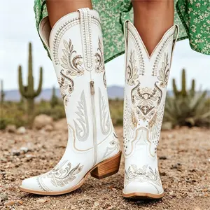AOSPHIRAYLIAN Cowboy Boots for Women - Wide Calf Knee High Cowgirl Boots, Glitter Sparkly Rhinestone Western Country Boots with Classic Embroidery, Pointed Toe Pull On Zipper Retro Boots summerwins