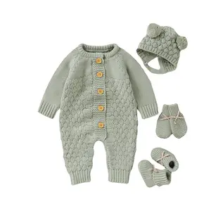 Mimixiong Baby's Button Front Sweater Jumpsuit with Pom Pom Bonnet Bow Mittens & Knit Shoes Set for Newborn Infant Kids Adorable Onesies for Everyday Wear