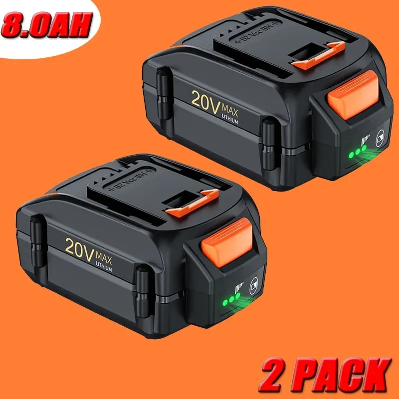 2-Pack WORX 20V 8.0AH MAX Lithium-Ion Power Tool Batteries - Brand New, High Quality, Fireproof, Explosion-Proof, Low Self-Discharge, Overload Protection, Patented Cell Balancing, Compatible with WA3525 WA3575 WA3520