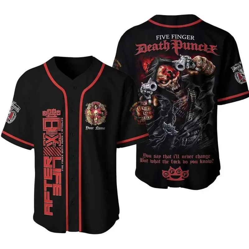 5 Finger Death Punch FFDP Skull Graphic Afterlife Baseball Jersey, Breathable Mesh Button-Up Athletic Shirt, Heavy Metal Rock Fan Merchandise Gift