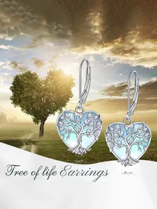 Women's Moonstone Earrings Necklace Set, Light Luxury High-End Design, Heart-Shaped Pendant, Life Tree Motif, Elegant Jewelry Gift