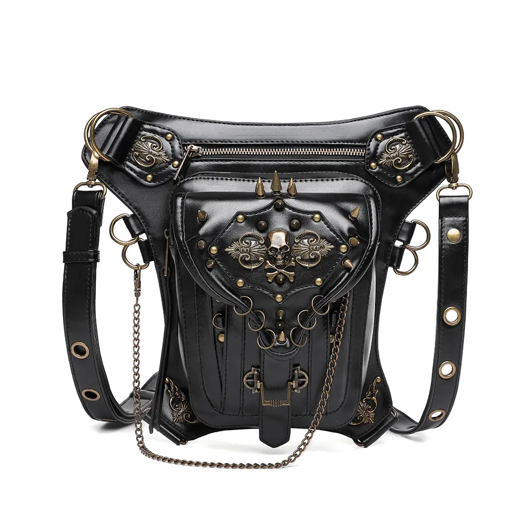 Fashion Rock PU Leather BLACK Shoulder Bag Vintage Gothic Retro Steampunk Waist Pack Shoulder Motorcycle Bag Handbag Leg Purse
